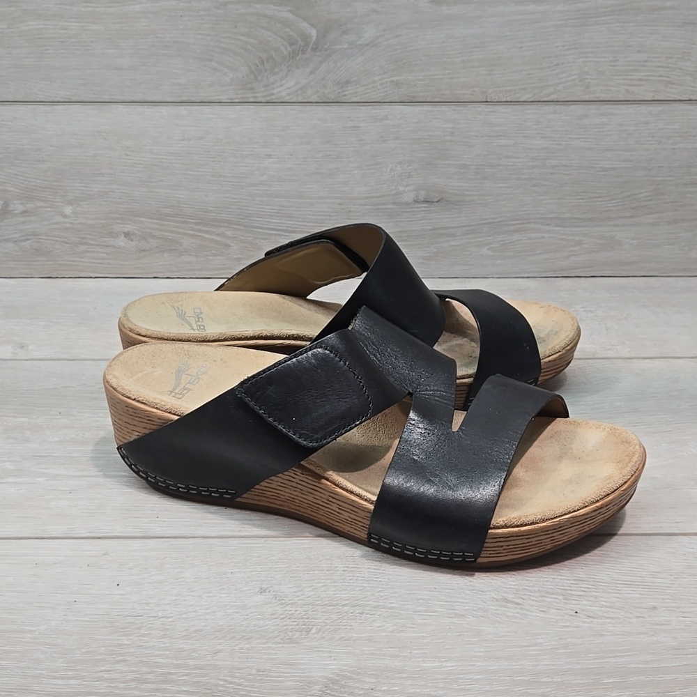Dansko Women Black Leather Wedge Sandals Platform Shoes Sz 40/10-10.5